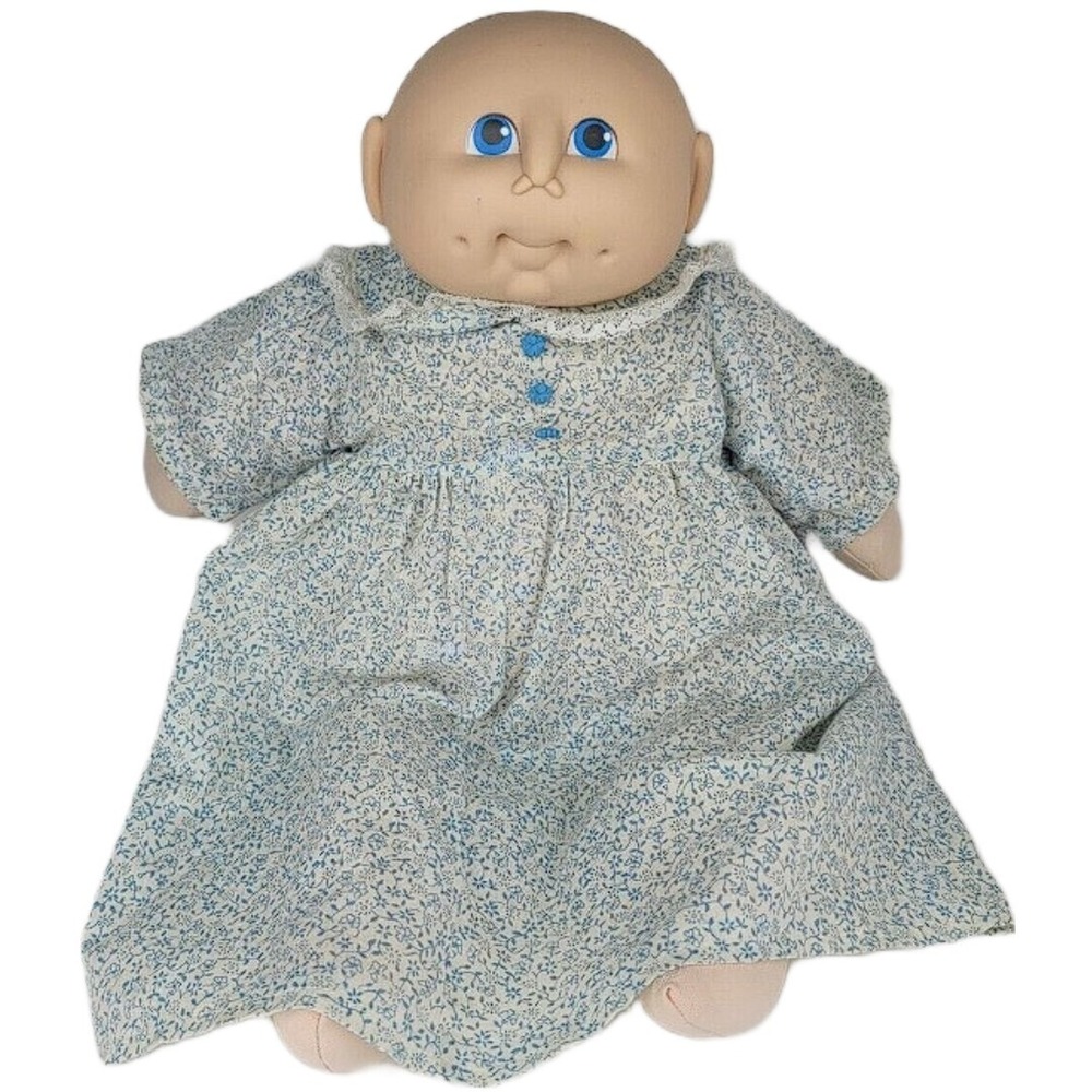 Vintage Doll Baby Bald Baby Blue White Dress Blue Eyes Dimples